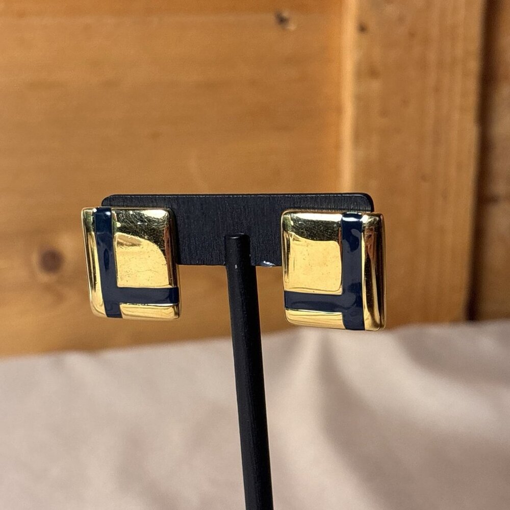 Vintage Napier Linear Clip On Earrings Rectangular Gold & Black Gold Tone B44